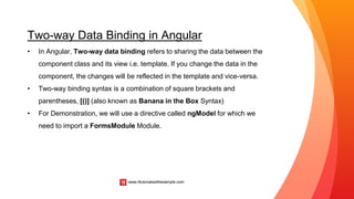 Two-way Data Binding in Angular
• In Angular, Two-way data binding refers to sharing the data between the
component class and its view i.e. template. If you change the data in the
component, the changes will be reflected in the template and vice-versa.
• Two-way binding syntax is a combination of square brackets and
parentheses, [()] (also known as Banana in the Box Syntax)
• For Demonstration, we will use a directive called ngModel for which we
need to import a FormsModule Module.
www.ittutorialswithexample.com
 
