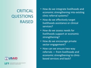 • How do we integrate livelihoods and
  CRITICAL     economic strengthening into existing
QUESTIONS      clinic referral systems?
             • How do we effectively target
   RAISED      livelihoods assistance or clinical
               services?
             • How do we assess needs for
               livelihoods support or economic
               strengthening?
             • How do we encourage private
               sector engagement?
             • How can we ensure two-way
               referrals — from livelihoods and
               economic strengthening to clinic-
               based services and back?
 
