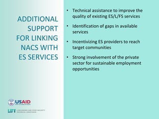 • Technical assistance to improve the
                 quality of existing ES/L/FS services
ADDITIONAL
               • Identification of gaps in available
    SUPPORT      services
FOR LINKING    • Incentivizing ES providers to reach
  NACS WITH      target communities

 ES SERVICES   • Strong involvement of the private
                 sector for sustainable employment
                 opportunities
 