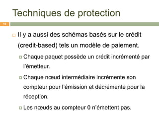 Techniques de protection
 Il y a aussi des schémas basés sur le crédit
(credit-based) tels un modèle de paiement.
 Chaque paquet possède un crédit incrémenté par
l’émetteur.
 Chaque nœud intermédiaire incrémente son
compteur pour l’émission et décrémente pour la
réception.
 Les nœuds au compteur 0 n’émettent pas.
19
 