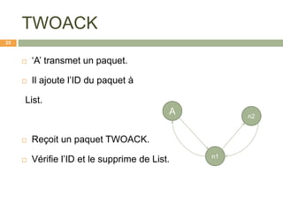 TWOACK
 ‘A’ transmet un paquet.
 Il ajoute l’ID du paquet à
List.
 Reçoit un paquet TWOACK.
 Vérifie l’ID et le supprime de List.
A
n1
n2
25
 