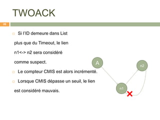 TWOACK
 Si l’ID demeure dans List
plus que du Timeout, le lien
n1<-> n2 sera considéré
comme suspect.
 Le compteur CMIS est alors incrémenté.
 Lorsque CMIS dépasse un seuil, le lien
est considéré mauvais.
A
n1
n2
26
 