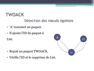 • ‘A’ transmet un paquet. 
• Il ajoute l’ID du paquet à 
List. 
• Reçoit un paquet TWOACK. 
• Vérifie l’ID et le supprime de List. 
A 
n1 
n2 
TWOACK 
Détection des noeuds égoïstes 
 