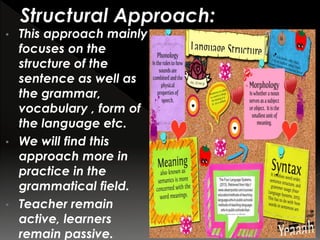 • This approach mainly
focuses on the
structure of the
sentence as well as
the grammar,
vocabulary , form of
the language etc.
• We will find this
approach more in
practice in the
grammatical field.
• Teacher remain
active, learners
remain passive.
 