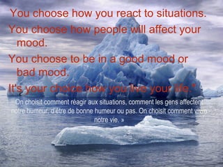 You choose how you react to situations.
You choose how people will affect your
   mood.
You choose to be in a good mood or
   bad mood.
It's your choice how you live your life."
 On choisit comment réagir aux situations, comment les gens affectent
notre humeur, d’être de bonne humeur ou pas. On choisit comment vivre
                              notre vie. »
 