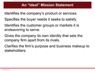 © McGraw Hill
An “Ideal” Mission Statement
Identifies the company’s product or services.
Specifies the buyer needs it seeks to satisfy.
Identifies the customer groups or markets it is
endeavoring to serve.
Gives the company its own identity that sets the
company firm apart from its rivals.
Clarifies the firm’s purpose and business makeup to
stakeholders.
 