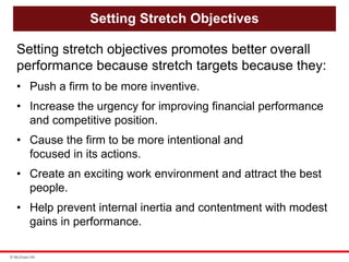 © McGraw Hill
Setting Stretch Objectives
Setting stretch objectives promotes better overall
performance because stretch targets because they:
• Push a firm to be more inventive.
• Increase the urgency for improving financial performance
and competitive position.
• Cause the firm to be more intentional and
focused in its actions.
• Create an exciting work environment and attract the best
people.
• Help prevent internal inertia and contentment with modest
gains in performance.
 