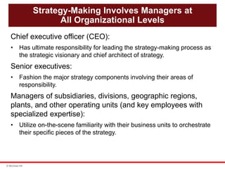 © McGraw Hill
Strategy-Making Involves Managers at
All Organizational Levels
Chief executive officer (CEO):
• Has ultimate responsibility for leading the strategy-making process as
the strategic visionary and chief architect of strategy.
Senior executives:
• Fashion the major strategy components involving their areas of
responsibility.
Managers of subsidiaries, divisions, geographic regions,
plants, and other operating units (and key employees with
specialized expertise):
• Utilize on-the-scene familiarity with their business units to orchestrate
their specific pieces of the strategy.
 
