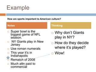 Example
How are sports important to American culture?

Notes                               Thinking

   Super bowl is the                  Why don’t Giants
    biggest game of NFL
    season.                             play in NY?
    NY Giants play in New             How do they decide
    Jersey
   Use roman numerals                  where it’s played?
   This year it’s in                  Wow!
    Indianapolis
   Rematch of 2008
   Much attn paid to
    commercial
 