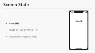 Screen State
• View
• GUI
• ex.) label.text, imageView.image
 