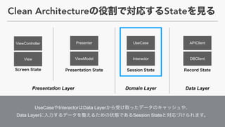 Presenter
ViewModel
APIClient
DBClient
Presentation Layer Domain Layer Data Layer
UseCase Interactor Data Layer  
Data Layer Session State
View
ViewController
Clean Architecture State
UseCase
Interactor
 