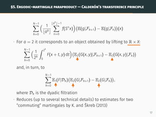 §5. ERGODIC–MARTINGALE PARAPRODUCT — CALDERÓN’S TRANSFERENCE PRINCIPLE
N−1
X
k=0
 1
bakc
⌊ak
⌋−1
X
n=0
f(Sn
x)

E(g|Fk+1) − E(g|Fk)

(x)
∙ For a = 2 it corresponds to an object obtained by lifting to R × X:
N−1
X
k=0
 1
2k
ˆ 2k
0
F(x + t, y) dt

E2(G(x, y)|Fk+1) − E2(G(x, y)|Fk)

and, in turn, to
N−1
X
k=0
E1(F|Dk) E2(G|Fk+1) − E2(G|Fk)

,
where Dk is the dyadic filtration
∙ Reduces (up to several technical details) to estimates for two
“commuting” martingales by K. and Škreb (2013)
17
 