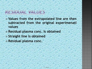  Values from the extrapolated line are then
subtracted from the original experimenatl
values
 Residual plasma conc. Is obtained
 Straight line is obtained
 Residual plasma conc.
1/1/2015 28
 