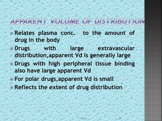  Relates plasma conc. to the amount of
drug in the body
 Drugs with large extravascular
distribution,apparent Vd is generally large
 Drugs with high peripheral tissue binding
also have large apparent Vd
 For polar drugs,apparent Vd is small
 Reflects the extent of drug distribution
1/1/2015 30
 