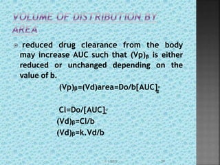  reduced drug clearance from the body
may increase AUC such that (Vp)ᵦ is either
reduced or unchanged depending on the
value of b.
(Vp)ᵦ=(Vd)area=Do/b[AUC]͚͚◦
Cl=Do/[AUC]͚◦
(Vd)ᵦ=Cl/b
(Vd)ᵦ=k.Vd/b
1/1/2015 39
 