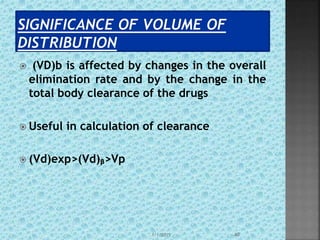  (VD)b is affected by changes in the overall
elimination rate and by the change in the
total body clearance of the drugs
 Useful in calculation of clearance
 (Vd)exp>(Vd)ᵦ>Vp
1/1/2015 40
 
