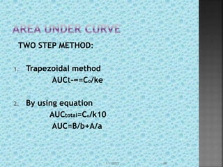 TWO STEP METHOD:
1. Trapezoidal method
AUCt-∞=Co/ke
2. By using equation
AUCtotal=Co/k10
AUC=B/b+A/a
1/1/2015 46
 
