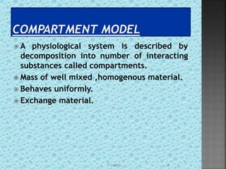  A physiological system is described by
decomposition into number of interacting
substances called compartments.
 Mass of well mixed ,homogenous material.
 Behaves uniformly.
 Exchange material.
1/1/2015 6
 