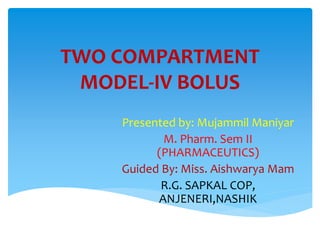 TWO COMPARTMENT
MODEL-IV BOLUS
Presented by: Mujammil Maniyar
M. Pharm. Sem II
(PHARMACEUTICS)
Guided By: Miss. Aishwarya Mam
R.G. SAPKAL COP,
ANJENERI,NASHIK
 