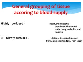 General grouping of tissue
accoring to blood supply
Highly perfused - Heart,brain,hepatic
portal vein,kidney and
endocrine glands,skin and
muscles
 Slowly perfused - Adipose tissue and marrow
Bone,ligaments,tendons, hair, teeth
 