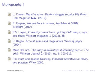 Bibliography I

         L. Carver, Negative rates: Dealers struggle to price 0% ﬂoors,
         Risk Magazine Nov. (2012).
         P. Caspers, Normal libor in arrears, Available at SSRN
         2188619 (2012).
         P.S. Hagan, Convexity conundrums: pricing CMS swaps, caps
         and ﬂoors, Wilmott magazine 1 (2003), 38.
         P. Hagan, Accrual swaps and range notes, Working paper
         (2004).
         Marc Henrard, The irony in derivatives discounting part II: The
         crisis, Wilmott Journal 2 (2010), no. 6, 301–316.
         Phil Hunt and Joanne Kennedy, Financial derivatives in theory
         and practice, Wiley, 2000.

   Built with ShareLaTeX
 