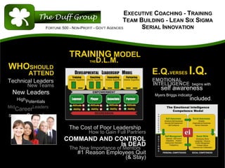 EXECUTIVE COACHING - TRAINING
                                                              TEAM BUILDING - LEAN SIX SIGMA
                     FORTUNE 500 - NON-PROFIT - GOV’T AGENCIES      SERIAL INNOVATION



                               TRAINING MODEL
                                       THED.L.M.                                  F

WHOSHOULD
              ATTEND                                               E.Q.VERSES I.Q.
Technical Leaders                                                  EMOTIONAL
             New Teams                                             INTELLIGENCE         begins with
                                                                      self awareness
 New Leaders                                                       Myers Briggs indicator
      High
             Potentials
                                                                                       included.
Mid             Leaders
      Career
Seasoned Supervisors


                              The Cost of Poor Leadership
                                       How to Gain Full Partners
                            COMMAND AND CONTROL
                                         Is DEAD
                               The New Importance of Mentors
                                  #1 Reason Employees Quit
                                                  (& Stay)
 