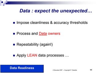 Data : expect the unexpected…

               Impose cleanliness & accuracy thresholds

               Process and Data owners

               Repeatability (again!)

               Apply LEAN data processes …


     Data Readiness                      2 Decades ERP – Copyright P. Dewilde   11
9/21/2012
 