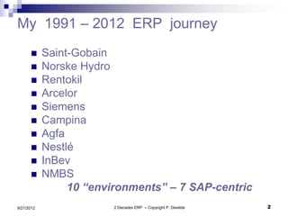 My 1991 – 2012 ERP journey
           Saint-Gobain
           Norske Hydro
           Rentokil
           Arcelor
           Siemens
           Campina
           Agfa
           Nestlé
           InBev
           NMBS
                 10 “environments” – 7 SAP-centric
9/21/2012                2 Decades ERP – Copyright P. Dewilde   2
 