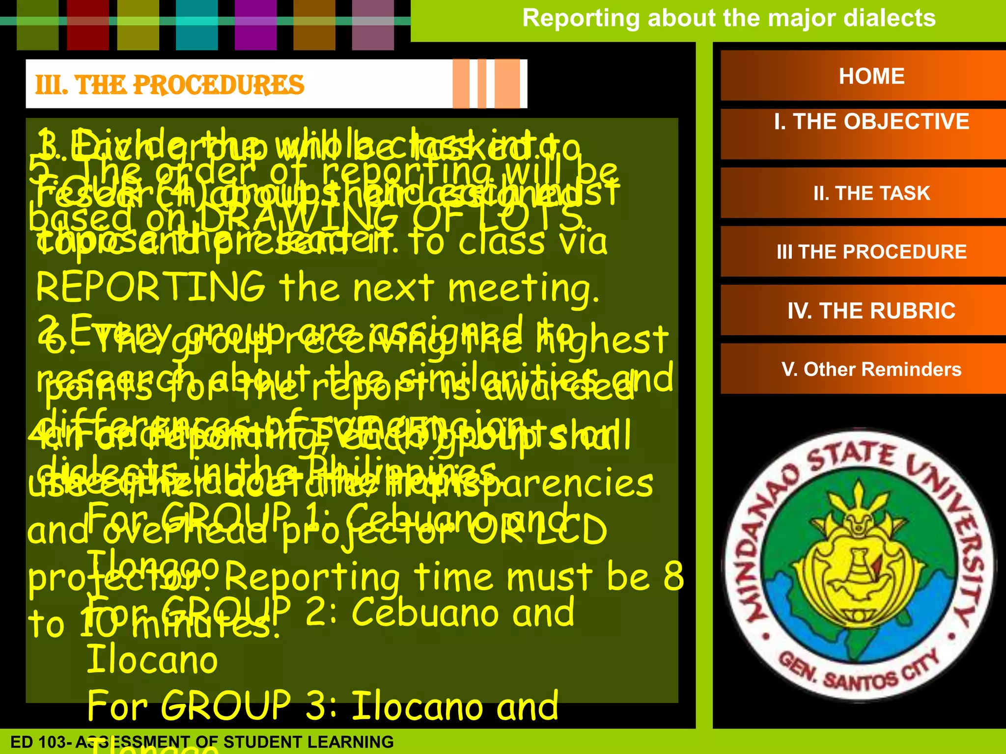 Reporting about the major dialects

  III. THE PROCEDURES                                              HOME

                                                             I. THE OBJECTIVE
 1. Divide the whole class into
 3.Each group will be tasked to
 5. The order of reporting will be
 FOUR (4) about their assigned
 research groups, and each must                                  II. THE TASK
 based on DRAWING OF LOTS.
 choose their leader. to class via
 topic and present it                                        III THE PROCEDURE

 REPORTING the next meeting.
 2.Everygroup receiving the highest
  6. The group are assigned to
                                                              IV. THE RUBRIC


 research aboutreport is awarded
  points for the the similarities and
                                                              V. Other Reminders


 4. For reporting, eachmajor shall
 differences of some group on
  an additional FIVE (5) points
 dialects in the Philippines.
  the quiz about the topic.
 use either acetate/transparencies
 andFor GROUP 1: Cebuano and
      overhead projector OR LCD
     Ilonggo
 projector. Reporting time must be 8
 to 10 minutes. 2: Cebuano and
     For GROUP
     Ilocano
     For GROUP 3: Ilocano and
ED 103- ASSESSMENT OF STUDENT LEARNING
 