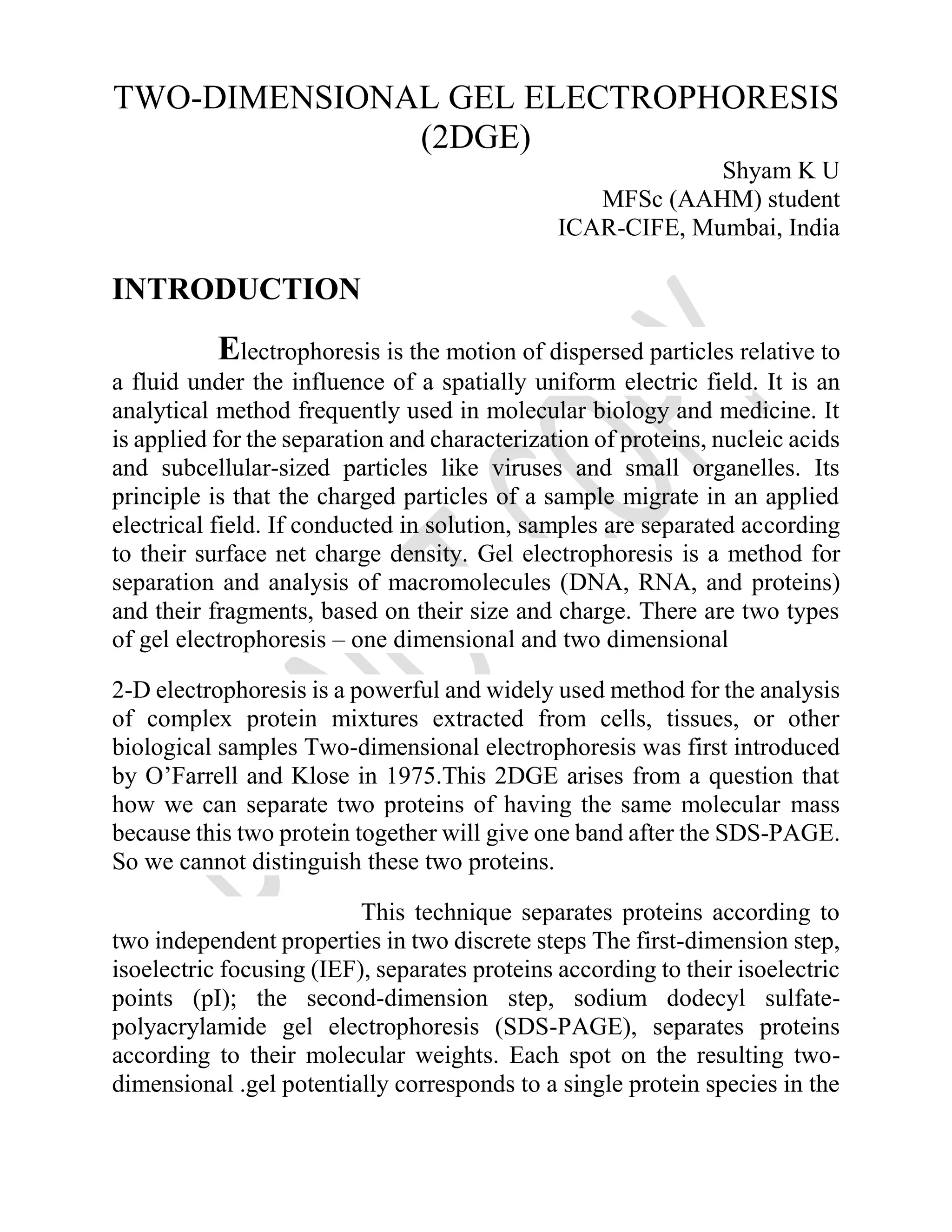 Two dimensional gel electrophoresis | PDF