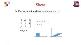 Shear
 The x-direction shear relative to x axis










100
010
01 xsh yshxx x '
yy '
If shx = 2:
CAD 14
 