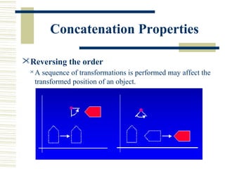 Concatenation Properties

Reversing the order
    A sequence of transformations is performed may affect the
     transformed position of an object.
 