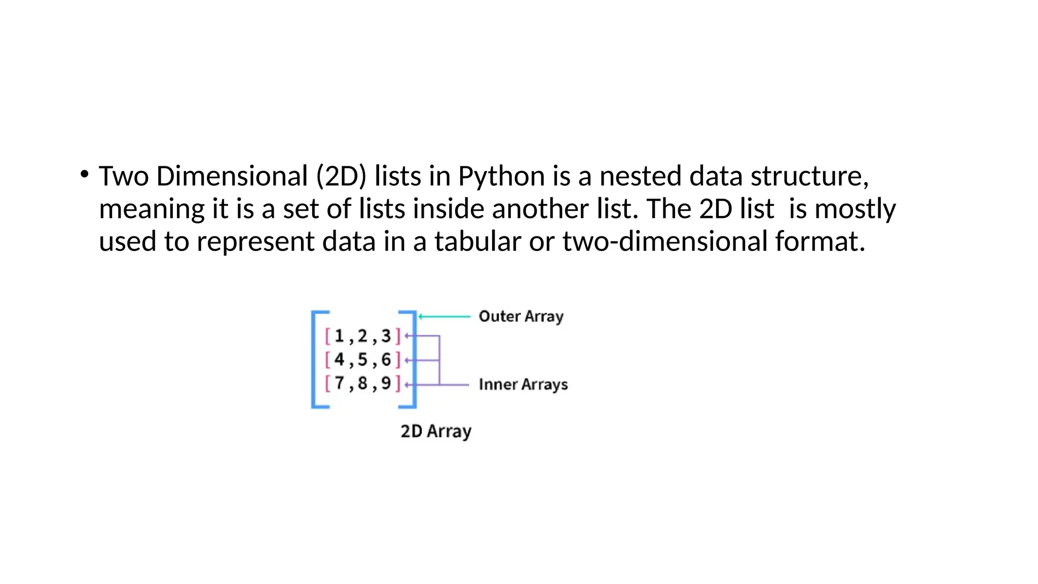 • Two Dimensional (2D) lists in Python is a nested data structure, meaning it is a set of lists inside another list. The 2D list is mostly used to represent data in a tabular or two-dimensional format. 