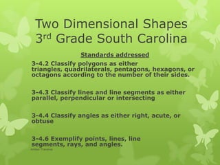 Two Dimensional Shapes3rd Grade South Carolina Standards addressed 3-4.2 Classify polygons as either triangles, quadrilaterals, pentagons, hexagons, or octagons according to the number of their sides. 3-4.3 Classify lines and line segments as either parallel, perpendicular or intersecting 3-4.4 Classify angles as either right, acute, or obtuse 3-4.6 Exemplify points, lines, line segments, rays, and angles. Amber Traverse  
