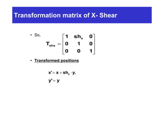 Transformation matrix of X- Shear
• So,
• Transformed positions
T
1 sh 0
0 1 0
0 0 1
shx
x











x' x sh yx   ,
y' y
 