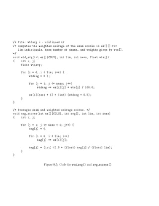 /* File: wtdavg.c - continued */
/* Computes the weighted average of the exam scores in ex ] ] for
lim individuals, nexs number of exams, and weights given by wts ].
*/
void wtd_avg(int ex ] COLS], int lim, int nexs, float wts ])
{ int i, j
float wtdavg
for (i = 0 i < lim i++) {
wtdavg = 0.0
for (j = 1 j <= nexs j++)
wtdavg += ex i] j] * wts j] / 100.0
ex i] nexs + 1] = (int) (wtdavg + 0.5)
}
}
/* Averages exam and weighted average scores. */
void avg_scores(int ex ] COLS], int avg ], int lim, int nexs)
{ int i, j
for (j = 1 j <= nexs + 1 j++) {
avg j] = 0
for (i = 0 i < lim i++)
avg j] += ex i] j]
avg j] = (int) (0.5 + (float) avg j] / (float) lim)
}
}
Figure 9.5: Code for wtd avg() and avg scores()
 