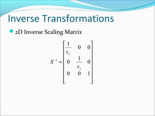 Inverse Transformations
2D Inverse Scaling Matrix
















=−
100
0
1
0
00
1
1
y
x
s
s
S
 