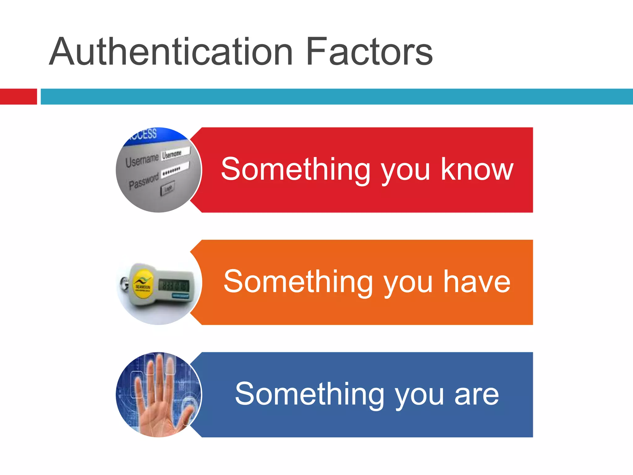 Authentication Factors
Something you know
Something you have
Something you are
 
