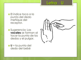 Letra U
 El índice toca a la
punta del dedo
meñique del
receptor.
 Sugerencia: Las
vocales se forman al
tocar la punta de los
dedos y el pulgar.
 U = la punta del
dedo del bebé
 