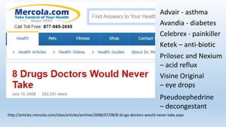 Advair - asthma
Avandia - diabetes
Celebrex - painkiller
Ketek – anti-biotic
Prilosec and Nexium
– acid reflux
Visine Orig...