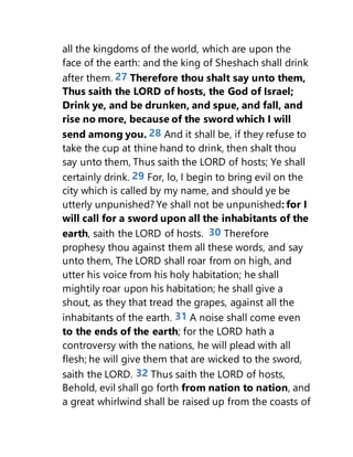 all the kingdoms of the world, which are upon the
face of the earth: and the king of Sheshach shall drink
after them. 27 Therefore thou shalt say unto them,
Thus saith the LORD of hosts, the God of Israel;
Drink ye, and be drunken, and spue, and fall, and
rise no more, because of the sword which I will
send among you. 28 And it shall be, if they refuse to
take the cup at thine hand to drink, then shalt thou
say unto them, Thus saith the LORD of hosts; Ye shall
certainly drink. 29 For, lo, I begin to bring evil on the
city which is called by my name, and should ye be
utterly unpunished? Ye shall not be unpunished: for I
will call for a sword upon all the inhabitants of the
earth, saith the LORD of hosts. 30 Therefore
prophesy thou against them all these words, and say
unto them, The LORD shall roar from on high, and
utter his voice from his holy habitation; he shall
mightily roar upon his habitation; he shall give a
shout, as they that tread the grapes, against all the
inhabitants of the earth. 31 A noise shall come even
to the ends of the earth; for the LORD hath a
controversy with the nations, he will plead with all
flesh; he will give them that are wicked to the sword,
saith the LORD. 32 Thus saith the LORD of hosts,
Behold, evil shall go forth from nation to nation, and
a great whirlwind shall be raised up from the coasts of
 