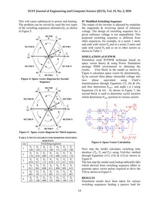 SUST Journal of Engineering and Computer Science (JECS), Vol. 19, No. 2, 2018
13
This will cause unbalanced in power and heating.
The problem can be solved by used the two types
of the switching sequences alternatively, as shown
in Figure 5.
Figure 4: Space vector diagram for Second
Sequence
Figure 5: Space vector diagram for Third sequence
TABLE 3: SEVEN-SEGMENT FOR MODIFIED SWITCHING
SEQUENCE
sec Switching segment
1
100 110 111 100 111 110 100
2
110 010 000 110 000 010 110
3
010 011 111 010 111 011 010
4
011 001 000 011 000 001 011
5
001 101 111 001 111 101 001
6
101 100 000 101 000 100 101
IV Modified Switching Sequence
The output of the inverter is adjusted by modulate
the magnitude & revolving speed of reference
voltage. The design of switching sequence for a
given reference voltage is not unparalleled. This
proposed switching sequence is different from
other sequences, for example, in a sector 1 starts
and ends with vector .and in a sector 2 starts and
ends with vector and so on in other sectors as
shown in Table 3.
SIMULATION of SVPWM
Simulation used SVPWM technique based on
space vector theory & using Power Simulation
package PSIM environment to obtaining the
results. First block in the model as shown in
Figure 6 calculates space vector by determines ,
by convert three phase sinusoidal voltage into
two- phase equivalent using Clark’s
transformation through Equations (7), (8) & (9),
and then determines , and angle ( ) using
Equations (5) & (6). As shown in Figure 7, the
second block is used to determine vector location
which determines position in various sectors.
Figure 6: Space Vector Calculation
Next step the model calculates switching time
duration ( , and ) using Volt-Sec method
through Equations (11), (12) & (13).as shown in
Figure 8.
The last step the model used lookup tables(Q1-Q6)
which derived from switching sequence tables to
generate space vector pulses required to drive the
VSI as shown in Figure 9.
RESULTS
Simulation results have been taken for various
switching sequences feeding a passive load for
 