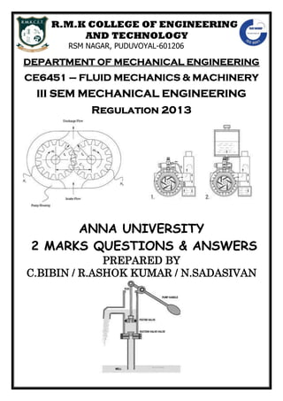 R.M.K COLLEGE OF ENGINEERING
AND TECHNOLOGY
RSM NAGAR, PUDUVOYAL-601206
DEPARTMENT OF MECHANICAL ENGINEERING
CE6451 – FLUID MECHANICS & MACHINERY
III SEM MECHANICAL ENGINEERING
Regulation 2013
ANNA UNIVERSITY
2 MARKS QUESTIONS & ANSWERS
PREPARED BY
C.BIBIN / R.ASHOK KUMAR / N.SADASIVAN
 