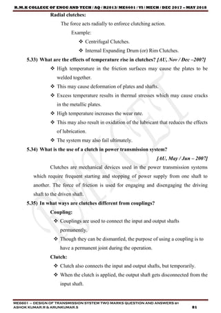 ME6601 DESIGN OF TRANSMISSION SYSTEMS TWO MARK QUESTION & ANSWERS | PDF