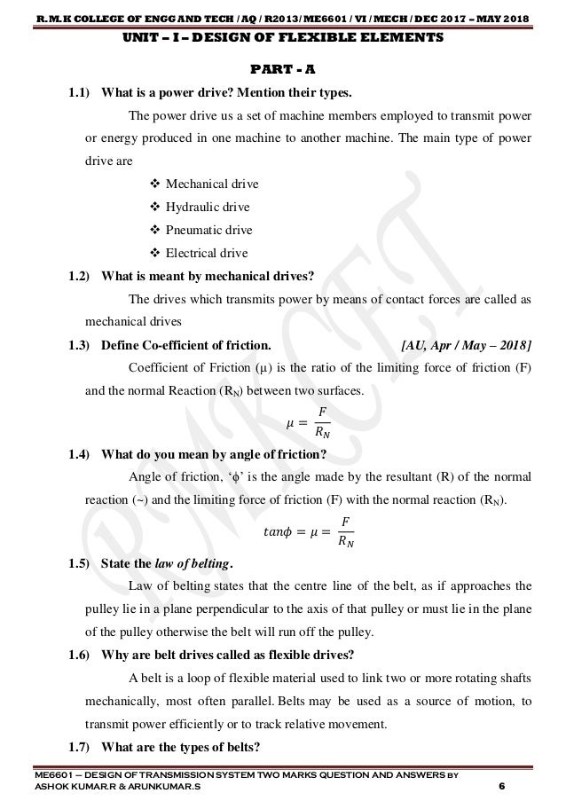 ME6601 DESIGN OF TRANSMISSION SYSTEMS TWO MARK QUESTION & ANSWERS