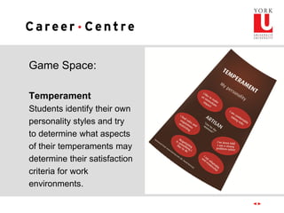 Game Space:
Temperament
Students identify their own
personality styles and try
to determine what aspects
of their temperaments may
determine their satisfaction
criteria for work
environments.
 