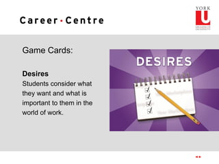 Game Cards:
Desires
Students consider what
they want and what is
important to them in the
world of work.
 