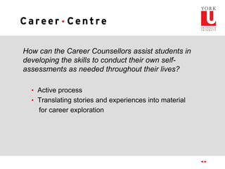 How can the Career Counsellors assist students in
developing the skills to conduct their own self-
assessments as needed throughout their lives?
• Active process
• Translating stories and experiences into material
for career exploration
 