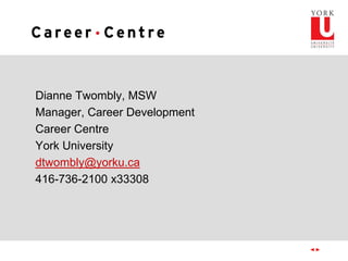 Dianne Twombly, MSW
Manager, Career Development
Career Centre
York University
dtwombly@yorku.ca
416-736-2100 x33308
 