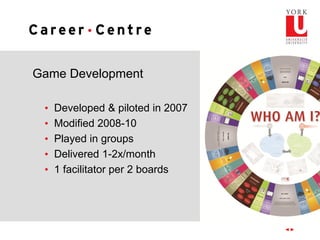 Game Development
• Developed & piloted in 2007
• Modified 2008-10
• Played in groups
• Delivered 1-2x/month
• 1 facilitator per 2 boards
 